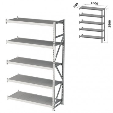 Стеллаж металлический (ПРИСТАВНАЯ СЕКЦИЯ) ПРАКТИК "MS Pro", 2500х1500х600 мм, 5 полок (КОМПЛЕКТ)