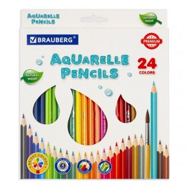 Карандаши цветные акварельные BRAUBERG PREMIUM AQUARELLE, 24 цвета, трехгранные, утолщенный грифель 4 мм, натуральное дерево, 181673