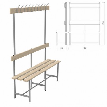 Скамья с вешалкой, спинкой "СВТ 5", 1765х1500х395 мм, 10 крючков, каркас металлический серый, сиденье дерево