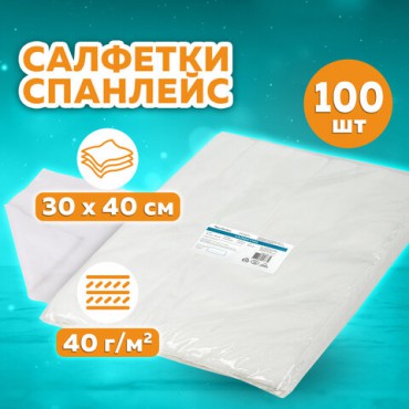 Салфетка одноразовая белая 30х40 см, КОМПЛЕКТ 100 шт., спанлейс, 40 г/м2, ЧИСТОВЬЕ, 00-147