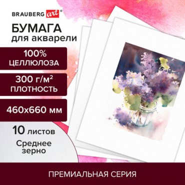 Бумага для акварели 300 г/м2 460x660 мм среднее зерно, 10 листов, BRAUBERG ART PREMIERE, 113233